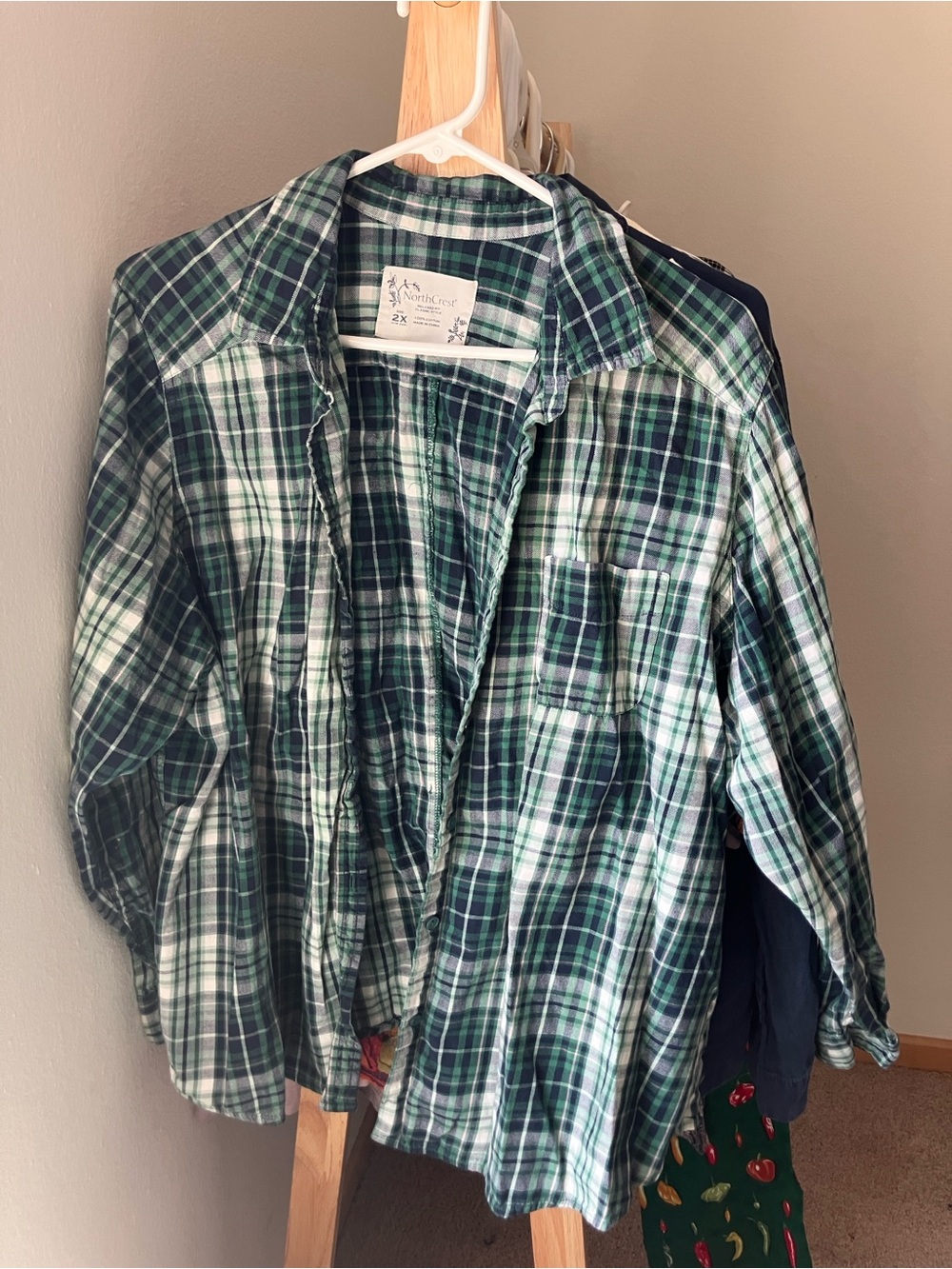 Northcrest Green and White Plaid Button-Down Shirt Cotton 2X